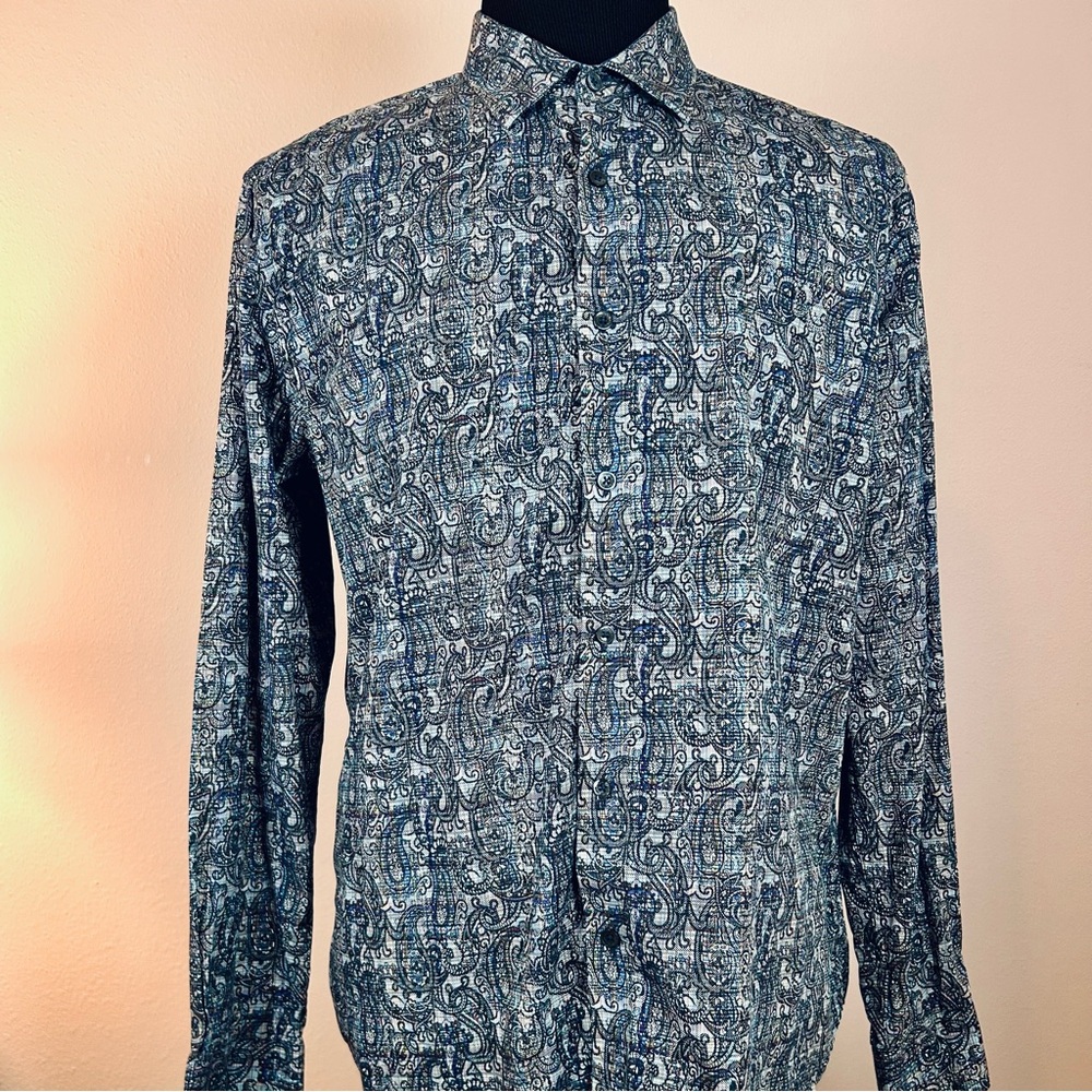 Bugatchi Blue Paisley, print Shaped Fit Shirt XL